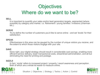 ObjectivesWhere do we want to be?SELL	It is important to quantify your sales and/or lead generation targets, segmented (where possible) by category and market. i.e. Retirement / young families / investors (chairman etc.)SERVE	Try to define the number of customers you’d like to serve online - and set ‘levels’ for their satisfaction.SPEAK	Effectiveness in this area can be gauged by the number of unique visitors you receive, and the extent to which those visitors engage with your site.SAVE	Done right, your digital strategy should result in considerable cost savings, enabling more efficient service delivery, lower transactional costs, streamlined administration, and all but eliminating the need for printing and postage. SIZZLE	In fact, ‘sizzle’ refers to increased project / property / resort awareness and perception. Both of which are a whole lot easier to measure online. 