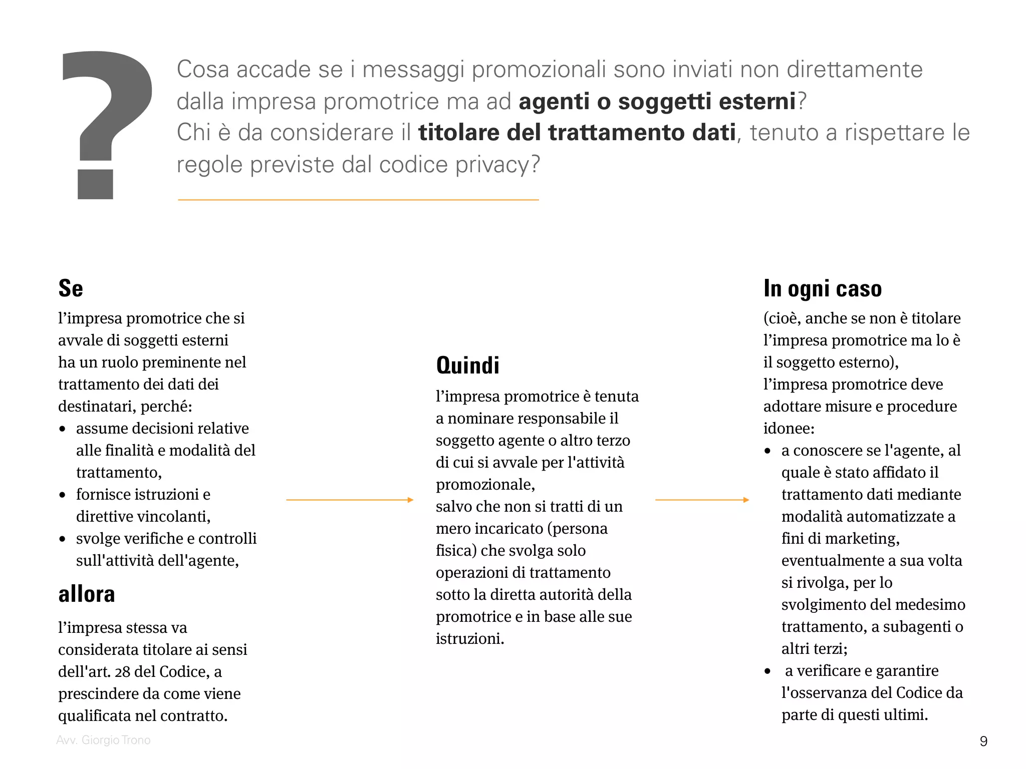 Cosa accade se i messaggi promozionali sono inviati non direttamente
dalla impresa promotrice ma ad agenti o soggetti esterni?
Chi è da considerare il titolare del trattamento dati, tenuto a rispettare le
regole previste dal codice privacy?
Avv. Giorgio Trono
Se
l’impresa promotrice che si
avvale di soggetti esterni
ha un ruolo preminente nel
trattamento dei dati dei
destinatari, perché:
• assume decisioni relative
alle finalità e modalità del
trattamento,
• fornisce istruzioni e
direttive vincolanti,
• svolge verifiche e controlli
sull'attività dell'agente,
Quindi
l’impresa promotrice è tenuta
a nominare responsabile il
soggetto agente o altro terzo
di cui si avvale per l'attività
promozionale,
salvo che non si tratti di un
mero incaricato (persona
fisica) che svolga solo
operazioni di trattamento
sotto la diretta autorità della
promotrice e in base alle sue
istruzioni.
In ogni caso
(cioè, anche se non è titolare
l’impresa promotrice ma lo è
il soggetto esterno),
l’impresa promotrice deve
adottare misure e procedure
idonee:
• a conoscere se l'agente, al
quale è stato affidato il
trattamento dati mediante
modalità automatizzate a
fini di marketing,
eventualmente a sua volta
si rivolga, per lo
svolgimento del medesimo
trattamento, a subagenti o
altri terzi;
• a verificare e garantire
l'osservanza del Codice da
parte di questi ultimi.
?
allora
l’impresa stessa va
considerata titolare ai sensi
dell'art. 28 del Codice, a
prescindere da come viene
qualificata nel contratto.
9
