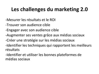 Les challenges du marketing 2.0
-Mesurer les résultats et le ROI
-Trouver son audience cible
-Engager avec son audience cible
-Augmenter ses ventes grâce aux médias sociaux
-Créer une stratégie sur les médias sociaux
-Identifier les techniques qui rapportent les meilleurs
résultats
-Identifier et utiliser les bonnes plateformes de
médias sociaux
 