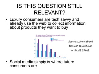 • Luxury consumers are tech savvy and
already use the web to collect information
about products they want to buy
• Social media simply is where future
consumers are
IS THIS QUESTION STILL
RELEVANT?
Source: Luxe et Brand
Content, QualiQuanti
et SAME SAME.
 