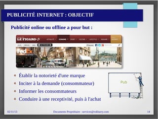 02/11/13 Documents Propriétaire : services@rokbarry.com 14
PUBLICITÉ INTERNET : OBJECTIF
Publicité online ou offline a pour but :
Établir la notorieté d'une marque
Inciter à la demande (consommateur)
Informer les consommateurs
Conduire à une receptivité, puis à l'achat
 