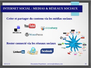 02/11/13 Documents Propriétaire : services@rokbarry.com 18
INTERNET SOCIAL : MEDIAS & RÉSEAUX SOCIAUX
Créer et partager du contenu via les médias sociaux
Rester connecté via les réseaux sociaux
 
