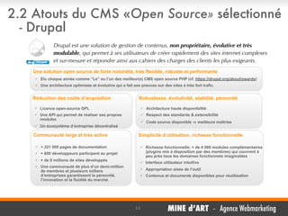 2.2 Atouts du CMS «Open Source» sélectionné
- Drupal
Drupal est une solution de gestion de contenus, non propriétaire, évolutive et très
modulable, qui permet à ses utilisateurs de créer rapidement des sites internet complexes
et sur-mesure et répondre ainsi aux cahiers des charges des clients les plus exigeants.
Une solution open source de forte notoriété, très flexible, robuste et performante
 Elu chaque année comme “Le” ou l’un des meilleur(s) CMS open source PHP (cf. https://drupal.org/about/awards)
 Une architecture optimisée et évolutive qui a fait ses preuves sur des sites à très fort trafic.

Réduction des coûts d’acquisition

Robustesse, évolutivité, stabilité, pérennité

 Licence open-source GPL

 Architecture haute disponibilité

 Une API qui permet de réaliser ses propres
modules

 Respect des standards & extensibilité
 Code source disponible

 Un écosystème d’entreprise décentralisé

Communauté large et très active
 + 321 000 pages de documentation
 + 800 développeurs participent au projet
 + de 9 millions de sites développés
 Une communauté de plus d’un demi-million
de membres et plusieurs milliers
d’entreprises garantissent la pérennité,
l’innovation et la fluidité du marché.

meilleure maîtrise

Simplicité d’utilisation, richesse fonctionnelle
 Richesse fonctionnelle: + de 4 000 modules complémentaires
(plugins mis à disposition par des membres) qui couvrent à
peu près tous les domaines fonctionnels imaginables
 Interface utilisateur intuitive
 Appropriation aisée de l’outil
 Contenus et documents disponibles pour réutilisation

15

MINE d’ART - Agence Webmarketing

 
