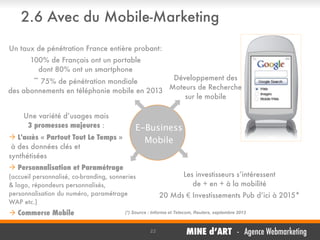 2.6 Avec du Mobile-Marketing
Un taux de pénétration France entière probant:
100% de Français ont un portable
dont 80% ont un smartphone

Développement des
~ 75% de pénétration mondiale
des abonnements en téléphonie mobile en 2013 Moteurs de Recherche
sur le mobile
Une variété d’usages mais
3 promesses majeures :
 L'accès « Partout Tout Le Temps »
à des données clés et
synthétisées

E-Business
Mobile

 Personnalisation et Paramétrage

Les investisseurs s’intéressent
de + en + à la mobilité

(accueil personnalisé, co-branding, sonneries
& logo, répondeurs personnalisés,
personnalisation du numéro, paramétrage
WAP etc.)

 Commerce Mobile

20 Mds € Investissements Pub d’ici à 2015*

(*) Source : Informa et Telecom, Reuters, septembre 2013

22

MINE d’ART - Agence Webmarketing

 