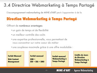3.4 Directrice Webmarketing à Temps Partagé
L’accompagnement webmarketing de MINE d’ART peut s’apparenter à de la

Direction Webmarketing à Temps Partagé
Offrant de nombreux avantages:
•un gain de temps et de ﬂexibilité
•un meilleur contrôle des coûts
•une expertise professionnelle, vous permettant de
vous concentrer sur votre coeur de métier
•une souplesse maximale grâce à une offre modulable :

Forfait Mensuel

Forfait mensuel

Web Content
Management

SEM =
SEO + SEA + SMO

Forfait mensuel
Webmarketing à
Temps Partagé

29

Crédits de Jours
de Direction
Webmarketing à
Temps Partagé

MINE d’ART - Agence Webmarketing

 