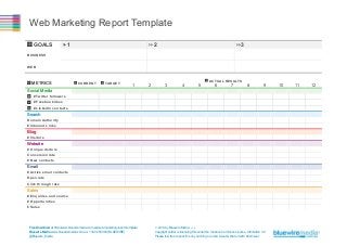 Web Marketing Report Template
GOALS

>> 1

>> 2

>> 3

BUSINESS
WEB

METRICS

CURRENT

TARGET

ACTUAL RESULTS

1

2

3

4

5

6

7

8

9

Social Media
# Twitter followers
# Facebook likes
# LinkedIn contacts

Search
Domain Authority
# Inbound Links

Blog
# Visitors

Website
# Unique visitors
Conversion rate
# New contacts

Email
# Active email contacts
Open rate
Click through rate

Sales
# Enquiries and source
# Opportunities
$ Sales

Free Download at http://www.bluewiremedia.com.au/web-marketing-report-template
Bluewire Media www.bluewiremedia.com.au/ 1300 258 394 (BLUEWIRE)
@Bluewire_Media

 2014 by Bluewire Media v1.4
Copyright holder is licensing this under the Creative Commons License, Attribution 3.0
Please feel free to post this on your blog or email, tweet & share it with whomever.

10

11

12

 