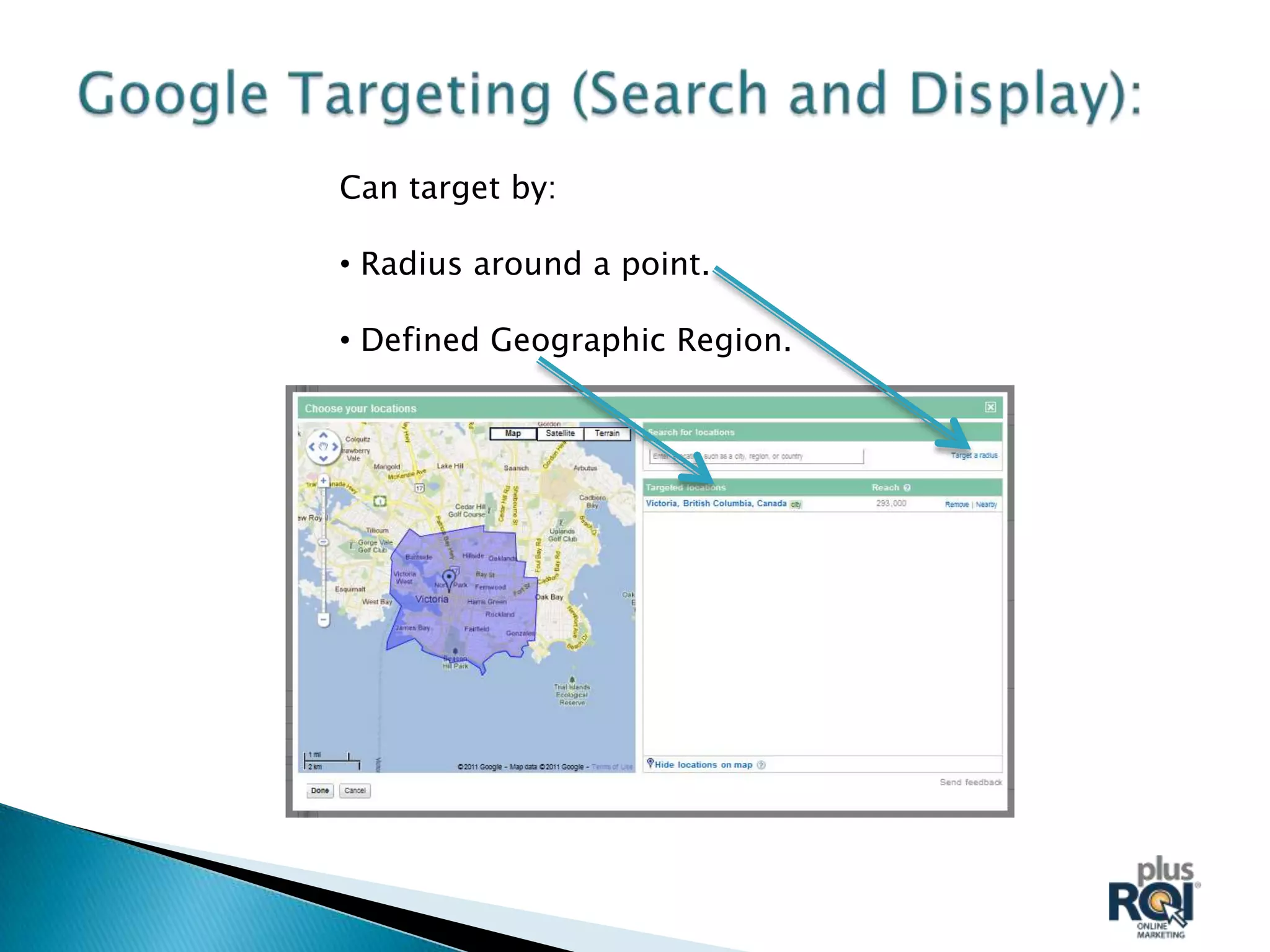 Can target by:

• Radius around a point.

• Defined Geographic Region.
 