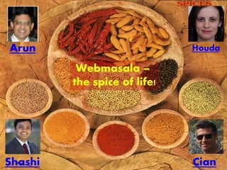Arun                          Houda

          Webmasala –
         the spice of life!




Shashi                        Cian
 