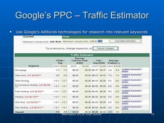 Google’s PPC – Traffic Estimator Use Google’s AdWords technologies for research into relevant keywords 