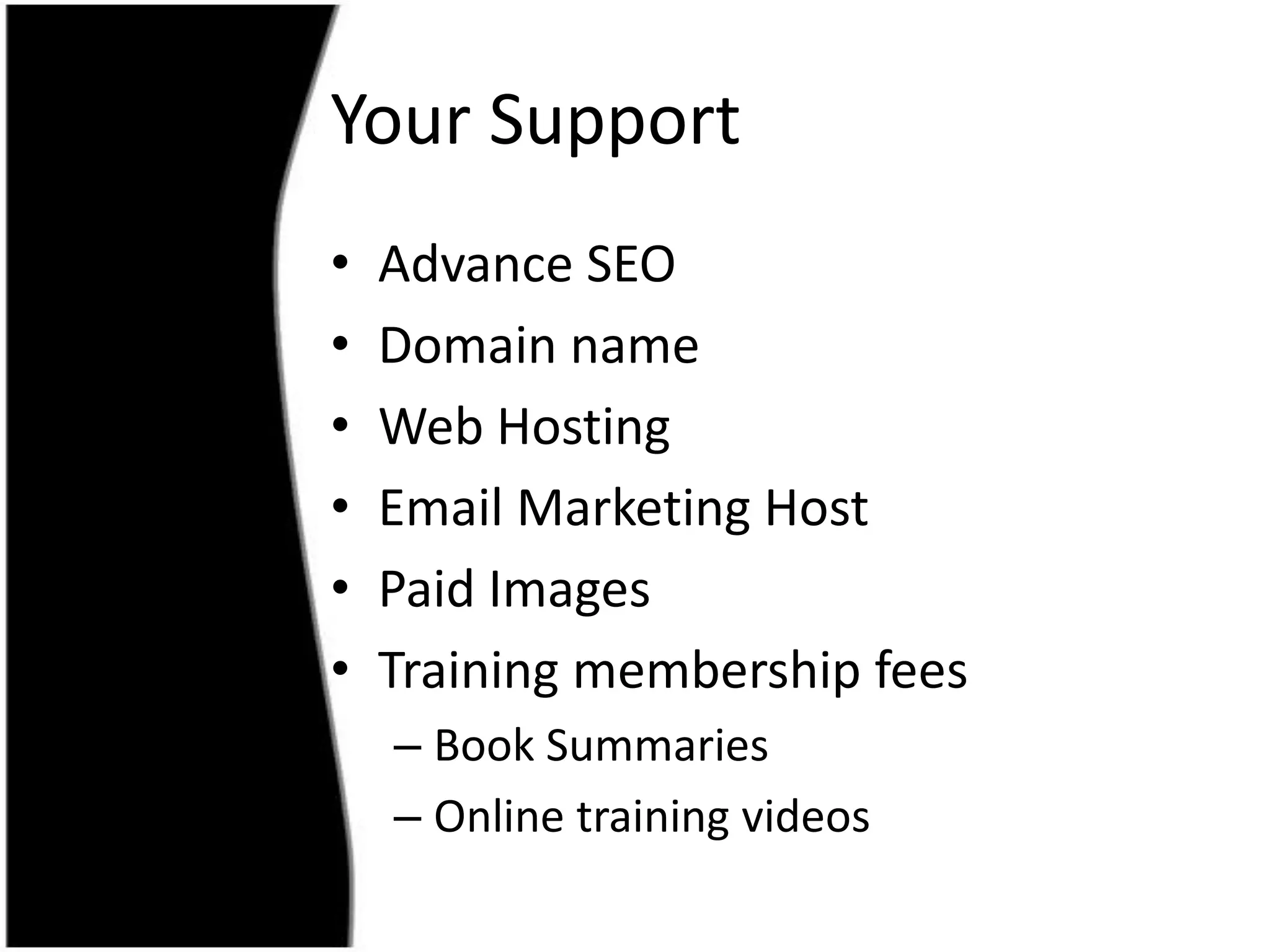 Your SupportAdvance SEODomain nameWeb HostingEmail Marketing HostPaid ImagesTraining membership feesBook SummariesOnline training videos