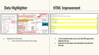 Data Highlighter
● HIghlight the information
➢ Easier to find the information and manage
● in the screenshot above, you can see that 634 pages have a
duplicate title tag.
● important to have unique meta descriptions and optimized
title tags
HTML Improvement
 