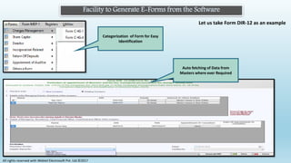 Facility to Generate E-Forms from the Software
Let us take Form DIR-12 as an example
Auto fetching of Data from
Masters where ever Required
Categorization of Form for Easy
Identification
All rights reserved with Webtel Electrosoft Pvt. Ltd.©2017
 