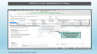 Facility to Create Attachments to E-Forms
By Clicking on Attachments
Tab below, Attachments to
Form gets opened
All rights reserved with Webtel Electrosoft Pvt. Ltd.©2017
 