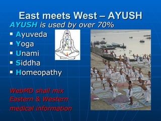 East meets West – AYUSH
AYUSH is used by over 70%
 Ayuveda

 Yoga

 Unami

 Siddha

 Homeopathy



WebMD shall mix
Eastern & Western
medical information
 