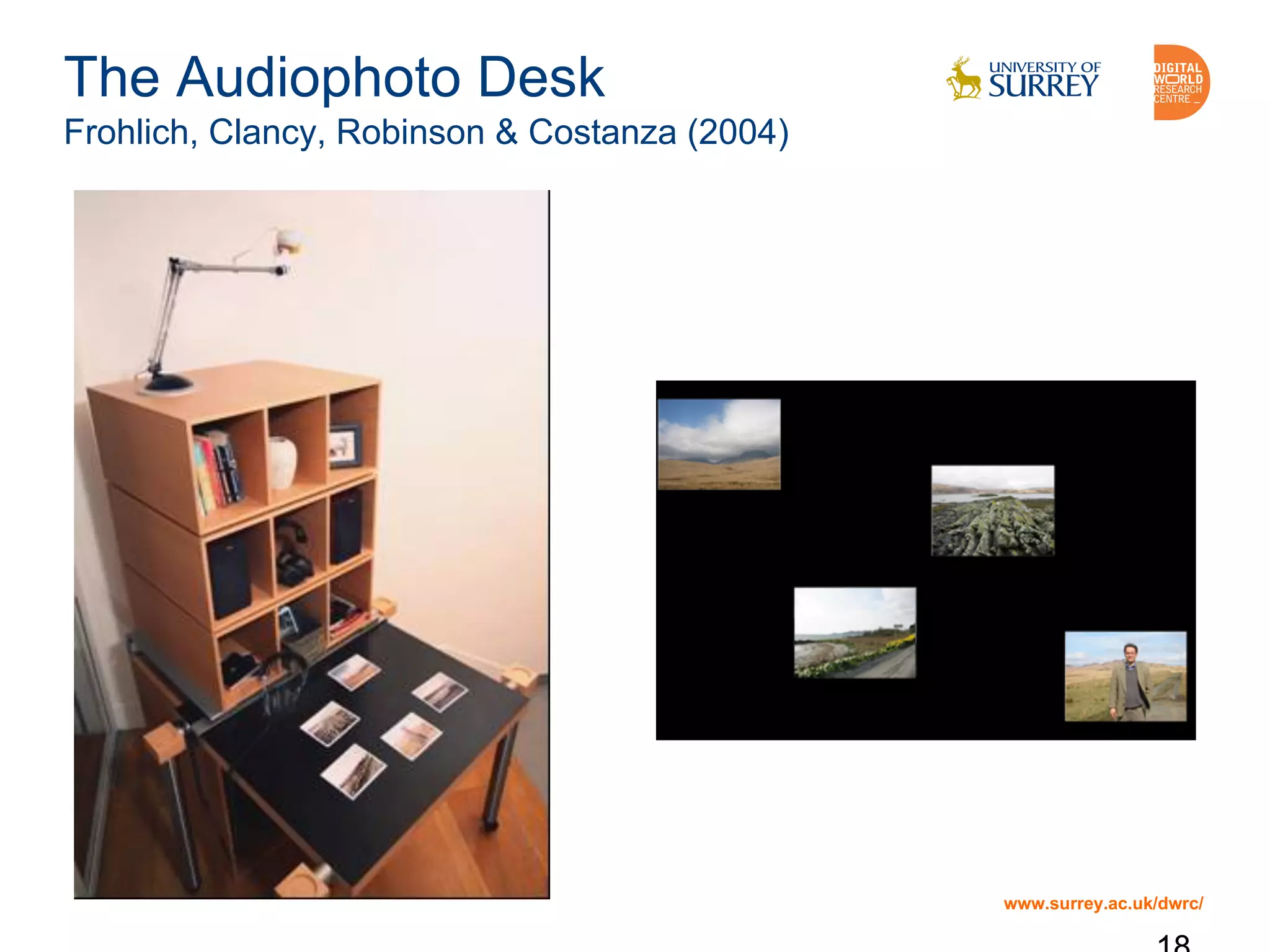 www.surrey.ac.uk/dwrc/
The Audiophoto Desk
Frohlich, Clancy, Robinson & Costanza (2004)
 