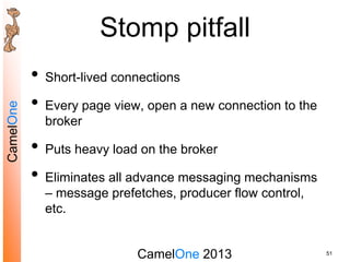 CamelOne 2013
CamelOne
Stomp pitfall
• Short-lived connections
• Every page view, open a new connection to the
broker
• Pu...