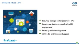 webMethods.io - API
17
Securely manage and expose your APIs
Create new business models with API
Engagement
Micro-gateway management
API Portal and Gateway Support
 