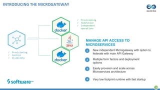 INTRODUCING THE MICROGATEWAY
New independent Microgateway with option to
federate with main API Gateway
Multiple form factors and deployment
options
Easily provision and scale across
Microservices architecture
Very low footprint runtime with fast startup
1
2
3
4
MANAGE API ACCESS TO
MICROSERVICES
29
 