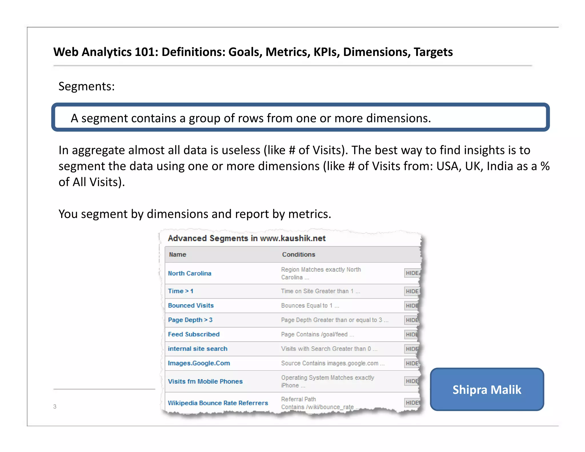 Web Analytics 101: Definitions: Goals, Metrics, KPIs, Dimensions, Targets
3
Segments:
A segment contains a group of rows from one or more dimensions.
In aggregate almost all data is useless (like # of Visits). The best way to find insights is to
segment the data using one or more dimensions (like # of Visits from: USA, UK, India as a %
of All Visits).
You segment by dimensions and report by metrics.
Shipra Malik
 