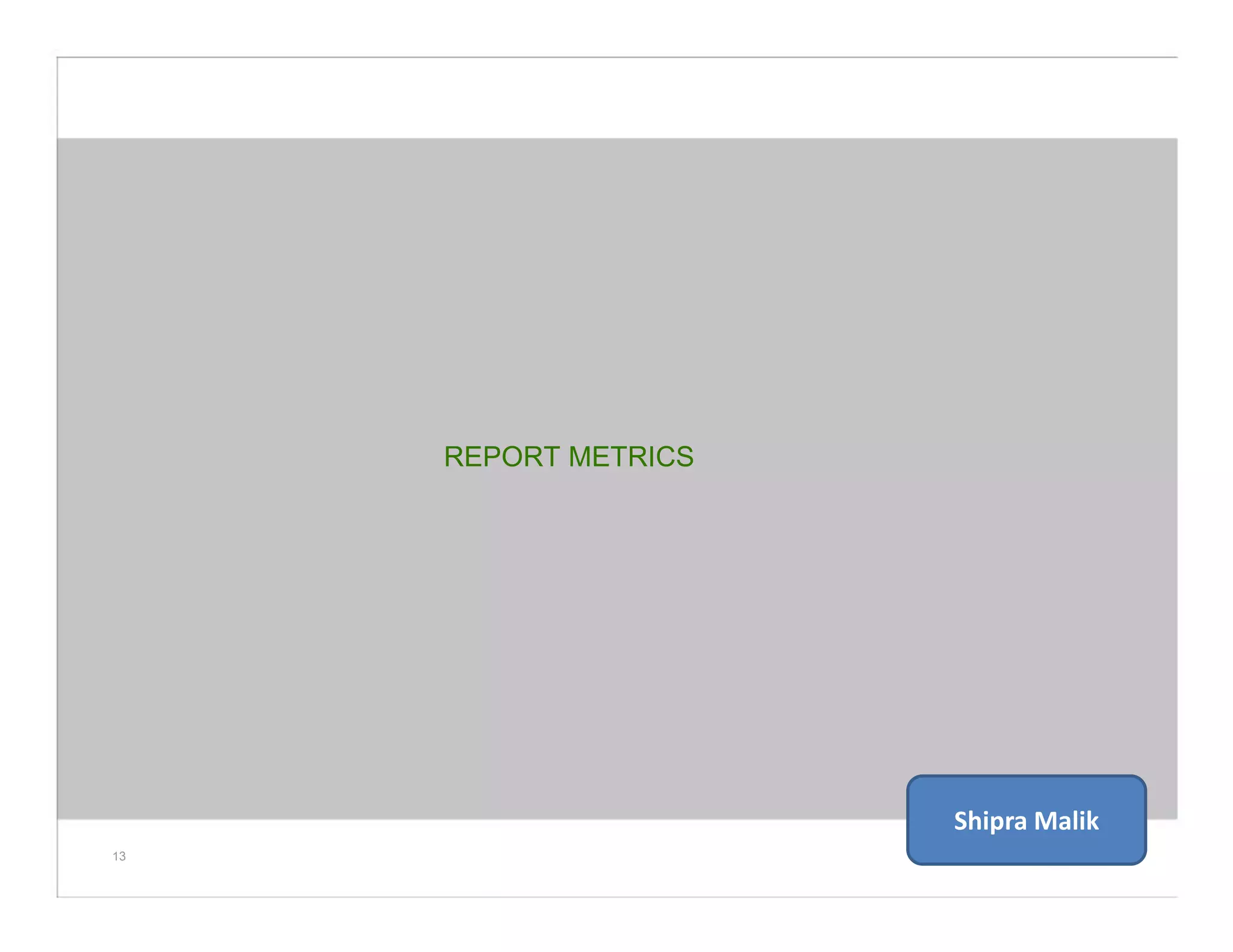 REPORT METRICS
13
Shipra Malik
 