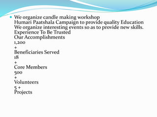  We organize candle making workshop
Humari Paatshala Campaign to provide quality Education
We organize interesting events so as to provide new skills.
Experience To Be Trusted
Our Accomplishments
1,200
+
Beneficiaries Served
18
+
Core Members
500
+
Volunteers
5 +
Projects
 