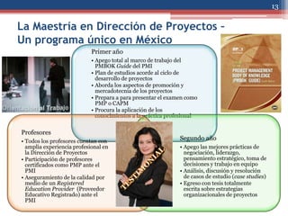 13

La Maestría en Dirección de Proyectos –
Un programa único en México
                            Primer año
                            • Apego total al marco de trabajo del
                              PMBOK Guide del PMI
                            • Plan de estudios acorde al ciclo de
                              desarrollo de proyectos
                            • Aborda los aspectos de promoción y
                              mercadotecnia de los proyectos
                            • Prepara a para presentar el examen como
                              PMP o CAPM
                            • Procura la aplicación de los
                              conocimientos a la práctica profesional


Profesores
• Todos los profesores cuentan con                            Segundo año
  amplia experiencia profesional en                           • Apego las mejores prácticas de
  la Dirección de Proyectos                                     negociación, liderazgo,
• Participación de profesores                                   pensamiento estratégico, toma de
  certificados como PMP ante el                                 decisiones y trabajo en equipo
  PMI                                                         • Análisis, discusión y resolución
• Aseguramiento de la calidad por                               de casos de estudio (case studies)
  medio de un Registered                                      • Egreso con tesis totalmente
  Education Provider (Proveedor                                 escrita sobre estrategias
  Educativo Registrado) ante el                                 organizacionales de proyectos
  PMI
 
