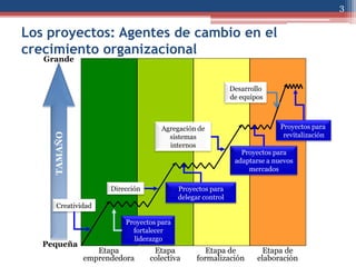 3

Los proyectos: Agentes de cambio en el
crecimiento organizacional
   Grande


                                                           Desarrollo
                                                           de equipos



                                   Agregación de                          Proyectos para
                                                                           revitalización
     TAMAÑO




                                     sistemas
                                     internos
                                                              Proyectos para
                                                            adaptarse a nuevos
                                                                mercados

                    Dirección            Proyectos para
                                         delegar control
      Creatividad

                        Proyectos para
                          fortalecer
                          liderazgo
   Pequeña
                 Etapa           Etapa            Etapa de           Etapa de
              emprendedora      colectiva      formalización       elaboración
 