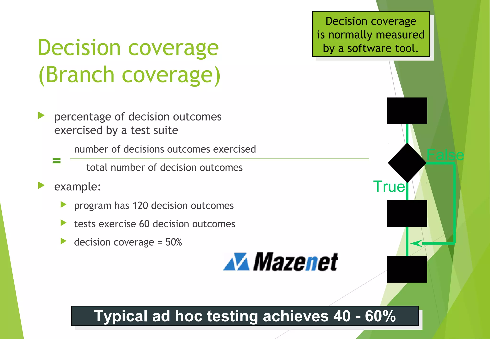 Decision coverage
(Branch coverage)
 percentage of decision outcomes
exercised by a test suite
number of decisions outcomes exercised
total number of decision outcomes
 example:
 program has 120 decision outcomes
 tests exercise 60 decision outcomes
 decision coverage = 50%
Typical ad hoc testing achieves 40 - 60%Typical ad hoc testing achieves 40 - 60%
=
Decision coverage
is normally measured
by a software tool.
Decision coverage
is normally measured
by a software tool.
True
False
?
 