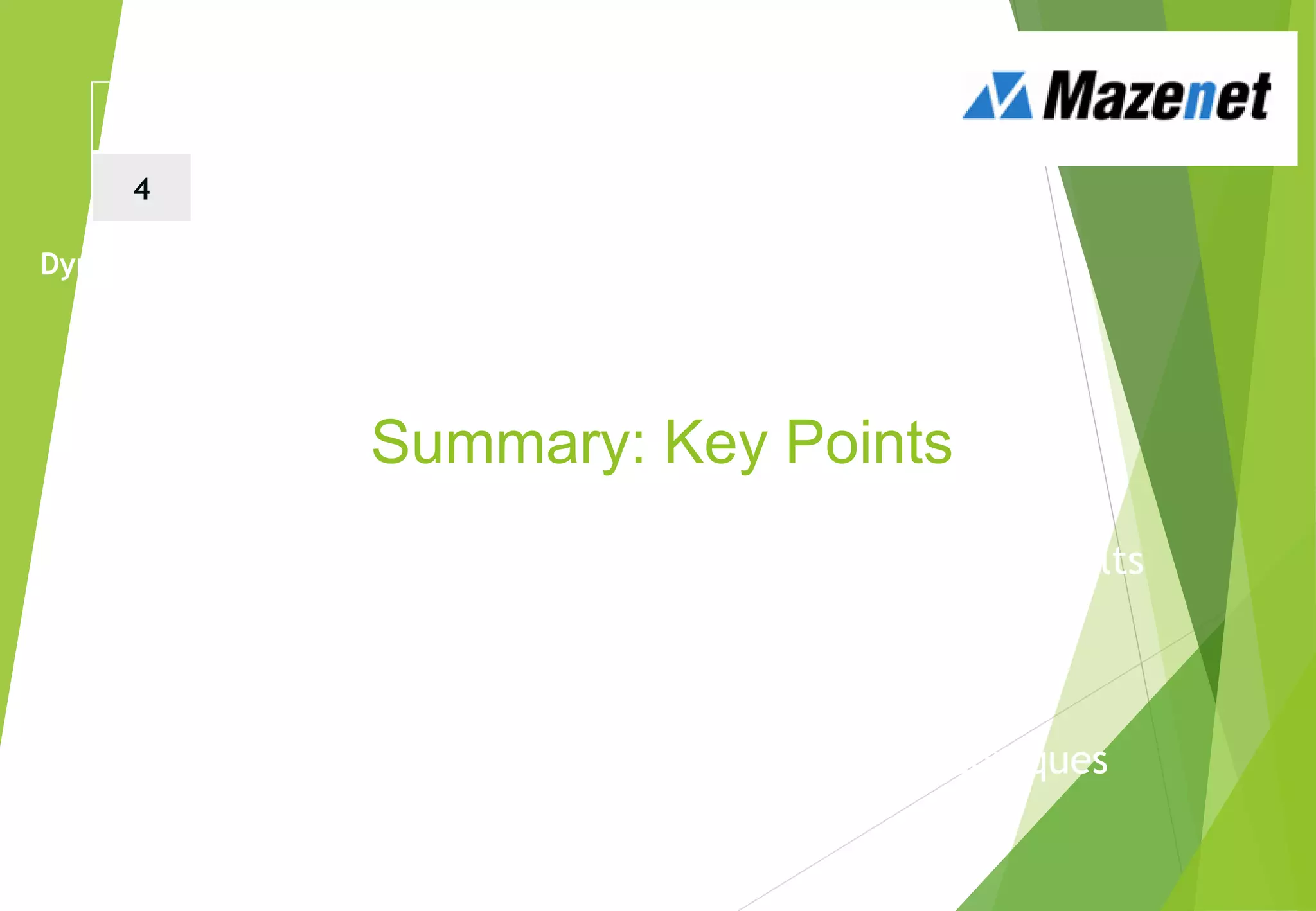 Summary: Key Points
Test techniques are ‘best practice’: help to find faults
Black Box techniques are based on behaviour
White Box techniques are based on structure
Error Guessing supplements systematic techniques
Dynamic Testing Techniques
1 2 3
4 5 6
 