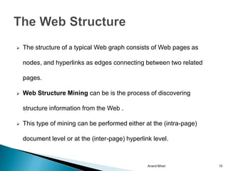    The structure of a typical Web graph consists of Web pages as

    nodes, and hyperlinks as edges connecting between two related

    pages.

   Web Structure Mining can be is the process of discovering

    structure information from the Web .

   This type of mining can be performed either at the (intra-page)

    document level or at the (inter-page) hyperlink level.



                                                  Anand Bihari        10
 