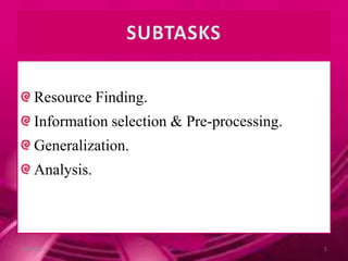 Resource Finding.
Information selection & Pre-processing.
Generalization.
Analysis.
10/9/2013 5
 