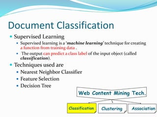 Document Classification
 Supervised Learning
 Supervised learning is a ‘machine learning’ technique for creating
a function from training data .
 The output can predict a class label of the input object (called
classification).
 Techniques used are
 Nearest Neighbor Classifier
 Feature Selection
 Decision Tree
Association
Web Content Mining Tech.
ClusteringClassification
 