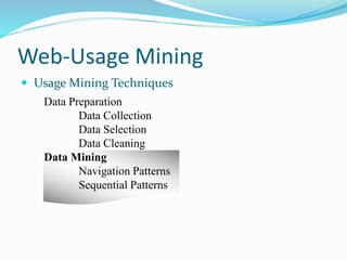 Web-Usage Mining
 Usage Mining Techniques
Data Preparation
Data Collection
Data Selection
Data Cleaning
Data Mining
Navigation Patterns
Sequential Patterns
 