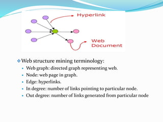 Web structure mining terminology:
 Web graph: directed graph representing web.
 Node: web page in graph.
 Edge: hyperlinks.
 In degree: number of links pointing to particular node.
 Out degree: number of links generated from particular node
 