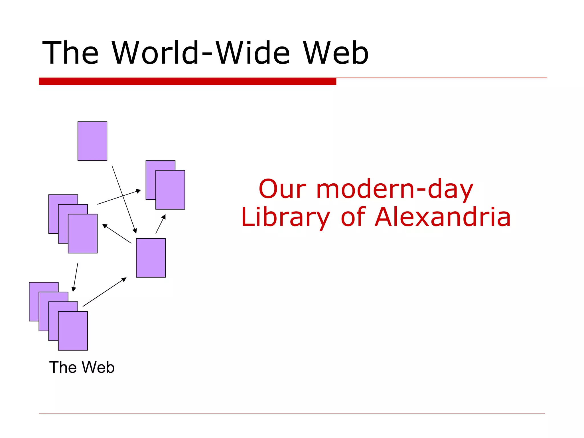 The World-Wide Web Our modern-day Library of Alexandria The Web 