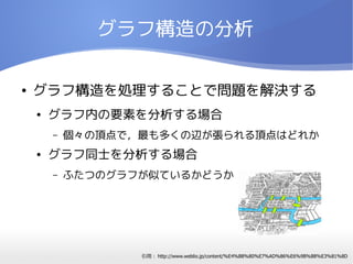 グラフ構造の分析

●   グラフ構造を処理することで問題を解決する
    ●   グラフ内の要素を分析する場合
        –   個々の頂点で，最も多くの辺が張られる頂点はどれか
    ●   グラフ同士を分析する場合
        –   ふたつのグラフが似ているかどうか




                   引用： http://www.weblio.jp/content/%E4%B8%80%E7%AD%86%E6%9B%B8%E3%81%8D
 
