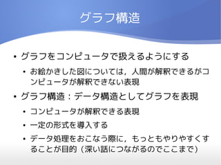 グラフ構造

●   グラフをコンピュータで扱えるようにする
    ●   お絵かきした図については，人間が解釈できるがコ
        ンピュータが解釈できない表現
●   グラフ構造：データ構造としてグラフを表現
    ●   コンピュータが解釈できる表現
    ●   一定の形式を導入する
    ●   データ処理をおこなう際に，もっともやりやすくす
        ることが目的（深い話につながるのでここまで）
 