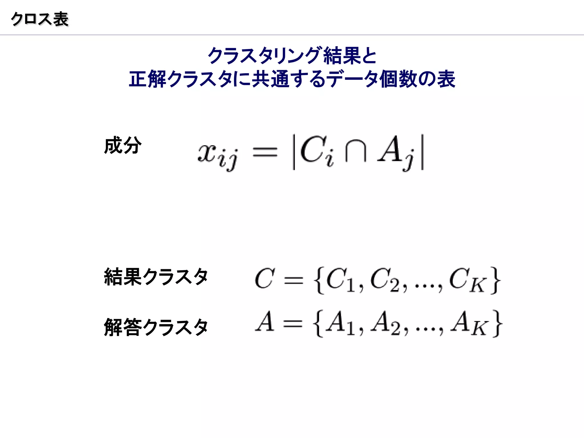 クロス表

            クラスタリング結果と
        正解クラスタに共通するデータ個数の表


       成分




       結果クラスタ

       解答クラスタ
 