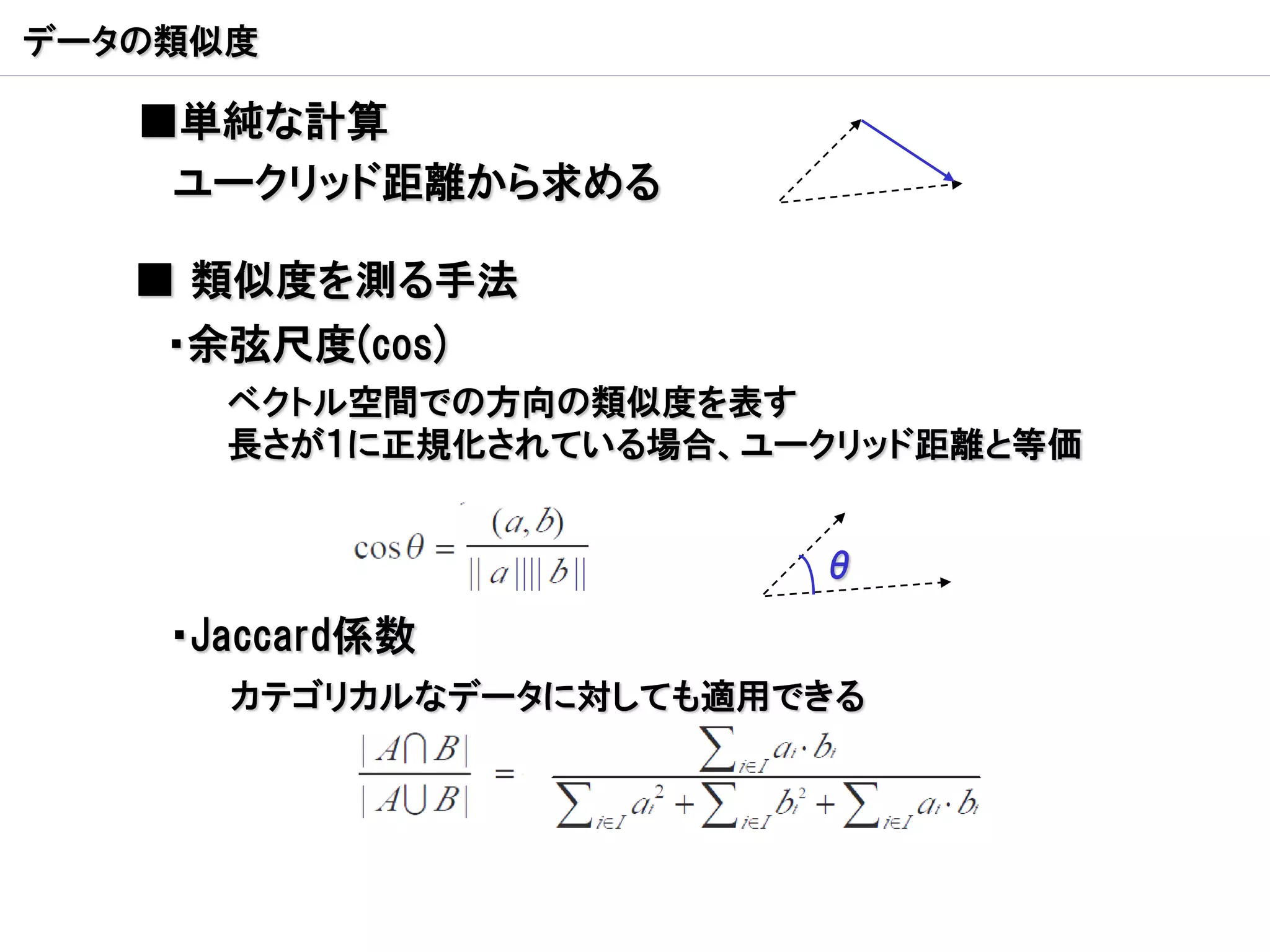 データの類似度

   ■単純な計算
    ユークリッド距離から求める

   ■ 類似度を測る手法
    ・余弦尺度(cos)
      ベクトル空間での方向の類似度を表す
      長さが１に正規化されている場合、ユークリッド距離と等価


                        θ

    ・Jaccard係数
      カテゴリカルなデータに対しても適用できる
 