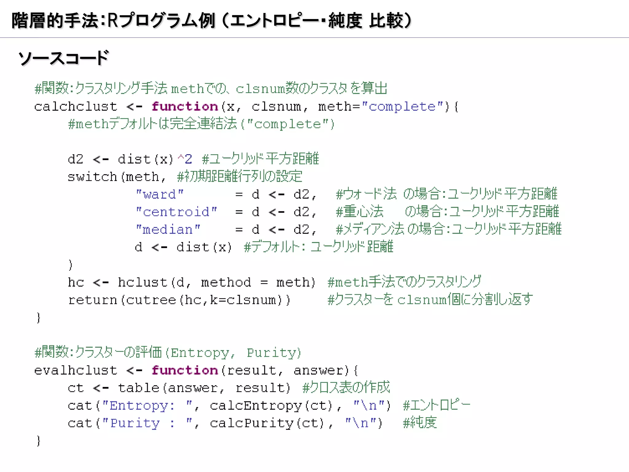 階層的手法：Rプログラム例 （エントロピー・純度 比較）

ソースコード
 