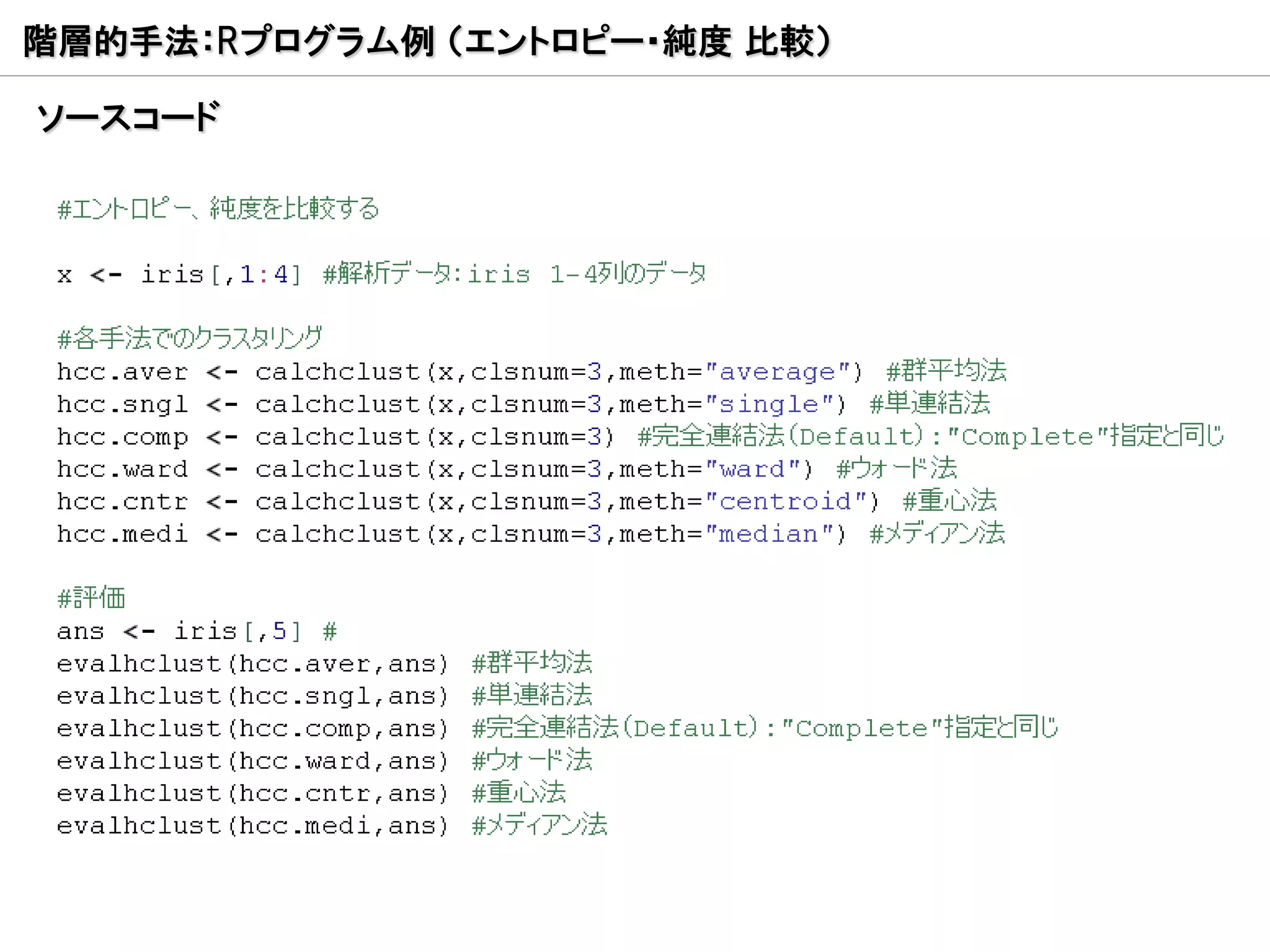 階層的手法：Rプログラム例 （エントロピー・純度 比較）

ソースコード
 
