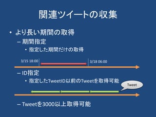 関連ツイートの収集
• より長い期間の取得
– 期間指定
• 指定した期間だけの取得
– ID指定
• 指定したTweetID以前のTweetを取得可能
– Tweetを3000以上取得可能
Tweet
3/15 18:00 3/18 06:00
 