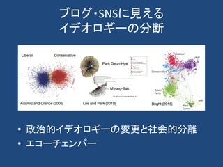 ブログ・SNSに見える
イデオロギーの分断
• 政治的イデオロギーの変更と社会的分離
• エコーチェンバー
 