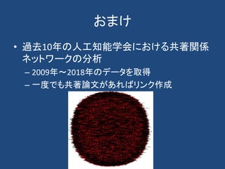 おまけ
• 過去10年の人工知能学会における共著関係
ネットワークの分析
– 2009年～2018年のデータを取得
– 一度でも共著論文があればリンク作成
 