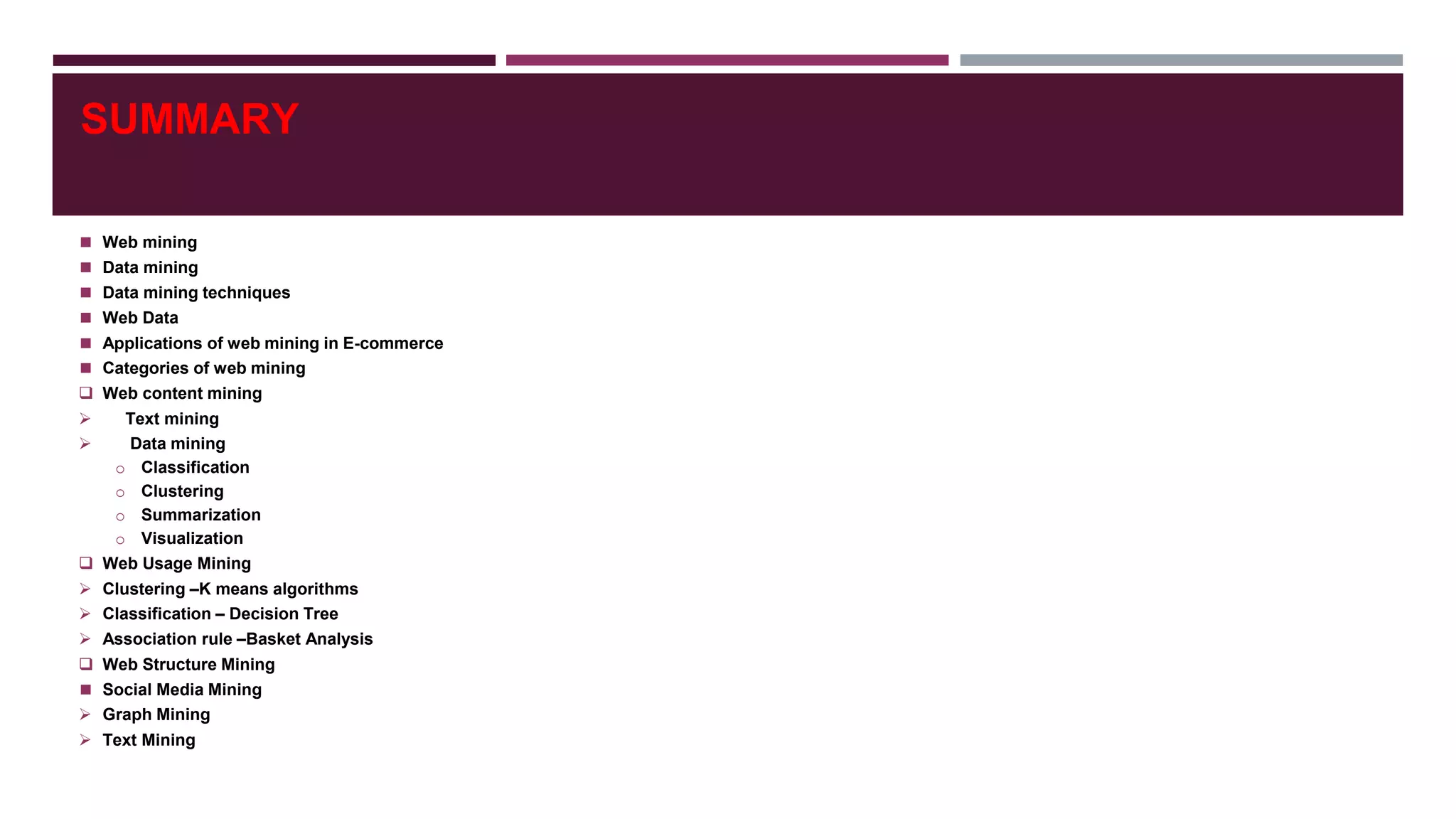 SUMMARY
◼ Web mining
◼ Data mining
◼ Data mining techniques
◼ Web Data
◼ Applications of web mining in E-commerce
◼ Categories of web mining
 Web content mining
 Text mining
 Data mining
o Classification
o Clustering
o Summarization
o Visualization
 Web Usage Mining
 Clustering –K means algorithms
 Classification – Decision Tree
 Association rule –Basket Analysis
 Web Structure Mining
◼ Social Media Mining
 Graph Mining
 Text Mining
 
