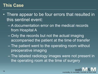 This Case
• There appear to be four errors that resulted in
this sentinel event:
– A documentation error on the medical records
from Hospital A
– Only the records but not the actual imaging
accompanied the patient at the time of transfer
– The patient went to the operating room without
preoperative imaging
– The labeled radiology images were not present in
the operating room at the time of surgery
14
 