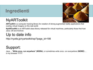 Ingredienti
NyARToolkit
ARToolKit is a computer tracking library for creation of strong augmented reality applications that
overlay virtual imagery on the real world.
NyARToolKit is an ARToolkit class library released for virtual machines, particularly those that host
Java, C# and Android.

Up to date info
http://nyatla.jp/nyartoolkit/wp/?page_id=198


Support:
Java ... "Write once, run anywhere" (WORA), or sometimes write once, run everywhere (WORE) ...
in my browser ?!?!?!
 