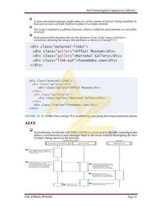 A more advanced technique might make use of the content of each div being modified. In
that case we use a cal back function in place of a simple element.
The wrap () method is a cal back function, which is called for each element in a set (often
an array).
Each element then becomes this for the
executions, allowing the unique title attributes as shown in Listing15.12.
AJAX
Asynchronous JavaScript with XML (AJAX) is a term used to describe a paradigm that
allows a web browser to send messages back to the server without interrupting the flow
 