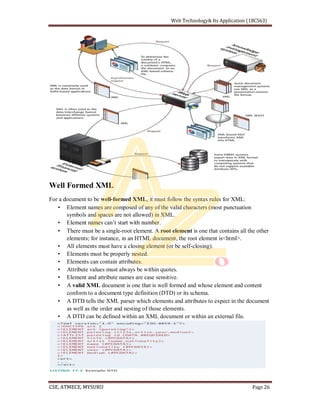 Well Formed XML
For a document to be well-formed XML, it must follow the syntax rules for XML:
Element names are composed of any of the valid characters (most punctuation
symbols and spaces are not allowed) in XML.
.
There must be a single-root element. A root element is one that contains all the other
elements; for instance, in an HTML document, the root element is<html>.
All elements must have a closing element (or be self-closing).
Elements must be properly nested.
Elements can contain attributes.
Attribute values must always be within quotes.
Element and attribute names are case sensitive.
A valid XML document is one that is well formed and whose element and content
conform to a document type definition (DTD) or its schema.
A DTD tells the XML parser which elements and attributes to expect in the document
as well as the order and nesting of those elements.
A DTD can be defined within an XML document or within an external file.
 