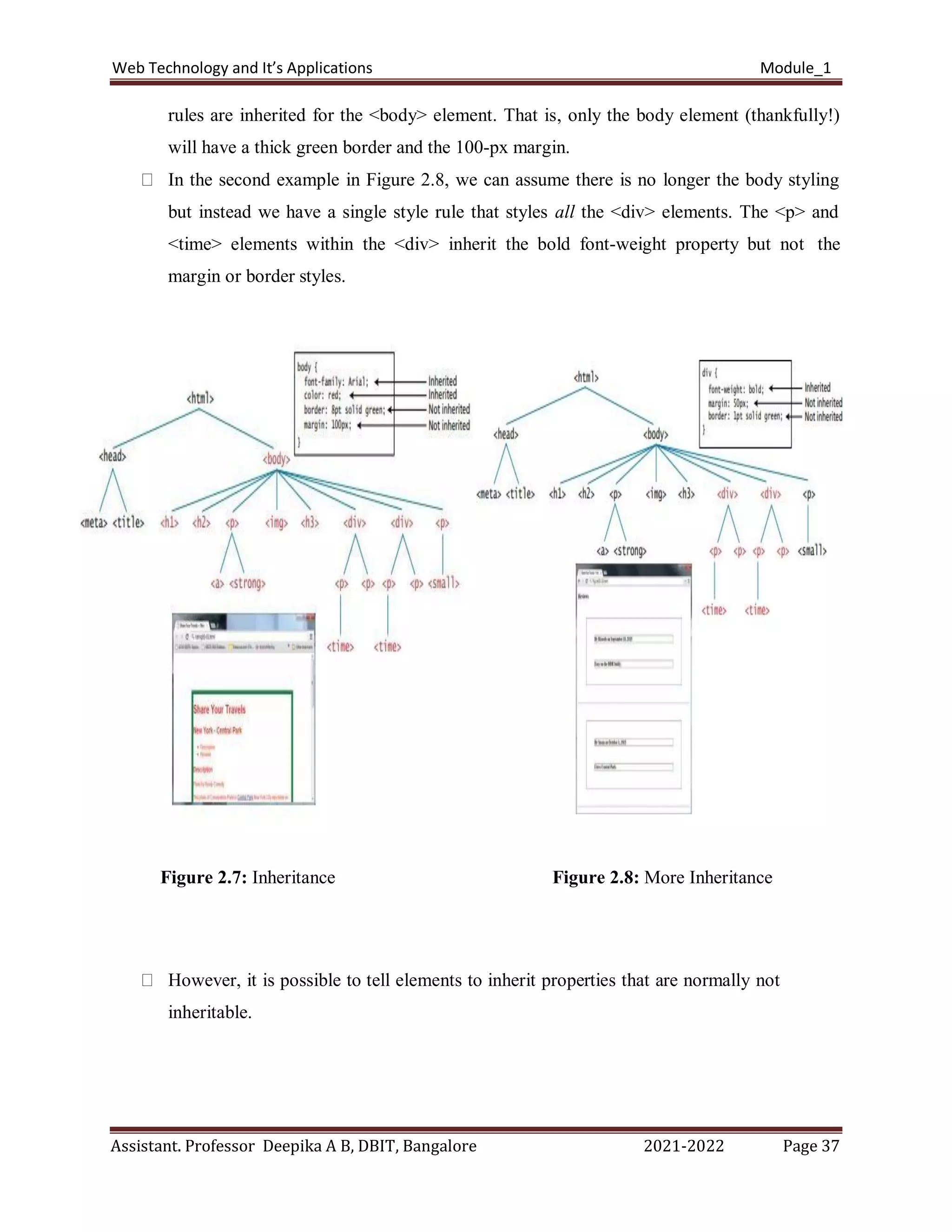Web Technology and It’s Applications Module_1
Assistant. Professor Deepika A B, DBIT, Bangalore 2021-2022 Page 37
rules are inherited for the <body> element. That is, only the body element (thankfully!)
will have a thick green border and the 100-px margin.
In the second example in Figure 2.8, we can assume there is no longer the body styling
but instead we have a single style rule that styles all the <div> elements. The <p> and
<time> elements within the <div> inherit the bold font-weight property but not the
margin or border styles.
Figure 2.7: Inheritance Figure 2.8: More Inheritance
However, it is possible to tell elements to inherit properties that are normally not
inheritable.
 